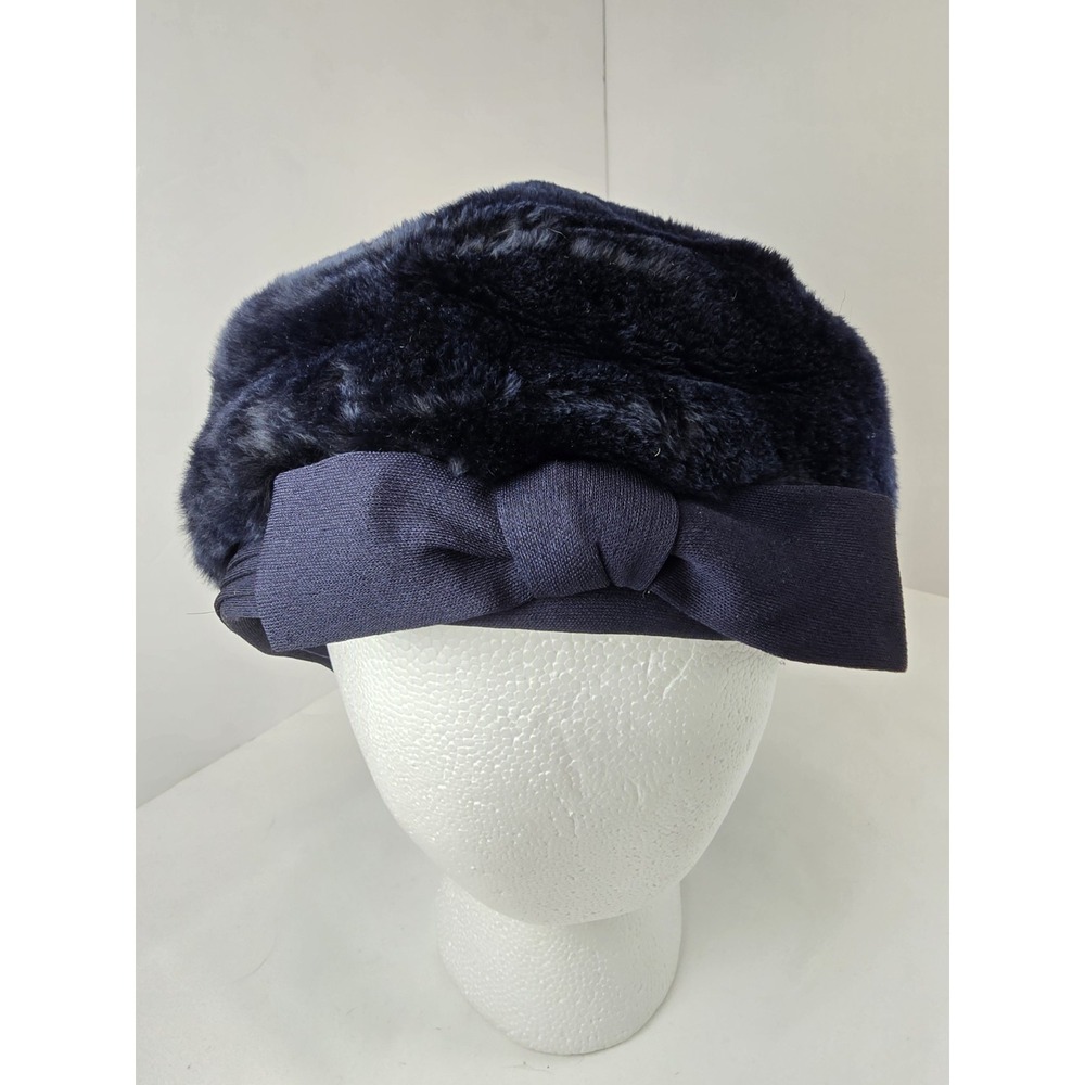 Vintage Navy Blue Faux Fur Pillbox Hat Satin Bow Union Made USA Womens